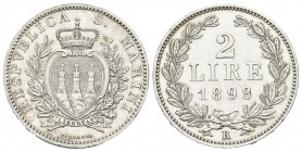 SAN MARINO
Vecchia monetazione, 1864-1938.
2 Lire 1898.
Ag gr. 9,97
Dr. Stemma coronato tra un ramo di lauro e uno di quercia.
Rv. Valore e data....