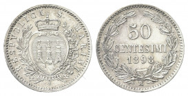 SAN MARINO
Vecchia monetazione, 1864-1938.
50 Centesimi 1898.
Ag gr. 2,49
Dr. Stemma coronato tra un ramo di lauro e uno di quercia.
Rv. Valore e...