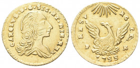 SICILIA
Carlo di Borbone, 1734-1759.
Oncia 1755.
Au gr. 4,38
Dr. Busto drappeggiato a d., con capelli fluenti.
Rv. Aquila coronata ad ali spiegat...