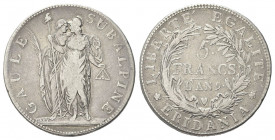 TORINO
Repubblica Subalpina, 1800-1802.
5 Franchi an. 9 (1802).
Ag gr. 24,57
Dr. Allegoria della Francia e della Gallia Subalpina: la prima regge ...