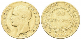 TORINO
Napoleone I Imperatore, 1804-1814 e 1815.
40 Franchi 1806 Torino.
Au gr. 12,75
Dr. Testa nuda a s.
Rv. Valore entro corona d’alloro.
Pag....