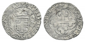 SAVOIA ANTICHI
Emanuele Filiberto Duca, 1553-1580.
Grosso 1556 zecca di Aosta, I Tipo.
Mi gr. 1,80
Dr. E PHILIBERTVS DVX SABAV. Scudo sabaudo con ...