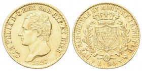 REGNO DI SARDEGNA
Carlo Felice, 1821-1831.
20 Lire 1827 Torino.
Au
Dr. Testa del sovrano rivolta a s.
Rv. Scudo inquartato a forma di cuore e sor...