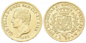 REGNO DI SARDEGNA
Carlo Felice, 1821-1831.
20 Lire 1828 Torino (L).
Au
Dr. Testa del sovrano rivolta a s.
Rv. Scudo inquartato a forma di cuore e...