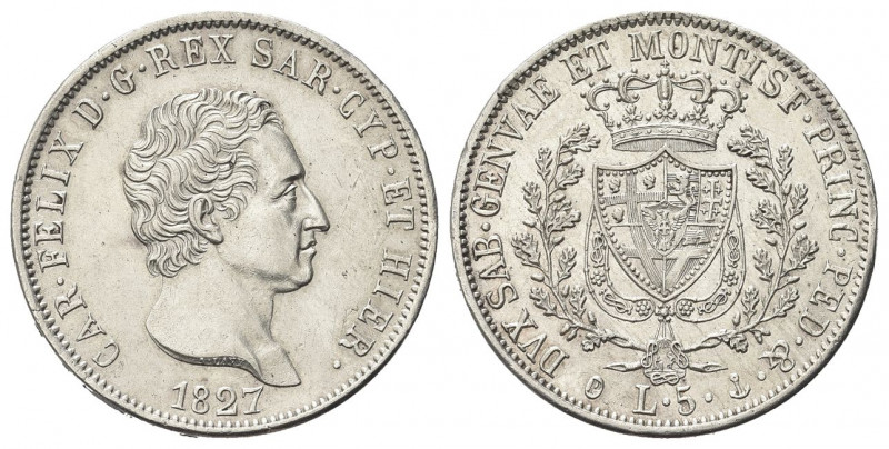 REGNO DI SARDEGNA
Carlo Felice, 1821-1831.
5 Lire 1827 Genova.
Ag
Dr. Testa ...