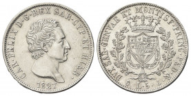 REGNO DI SARDEGNA
Carlo Felice, 1821-1831.
5 Lire 1827 Genova.
Ag
Dr. Testa del sovrano rivolta a d.
Rv. Scudo inquartato a forma di cuore e sorm...