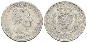 REGNO DI SARDEGNA
Carlo Felice, 1821-1831.
2 Lire 1827 Genova.
Ag
Dr. Testa del sovrano rivolta a d.
Rv. Scudo inquartato a forma di cuore e sorm...
