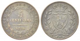 REGNO DI SARDEGNA
Carlo Felice, 1821-1831.
5 Centesimi 1826 Torino (L).
Cu
Dr. Su tre righe, valore e data, circondati da corona di lauro.
Rv. Sc...