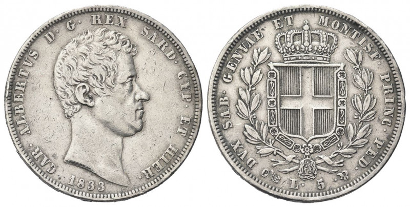 REGNO DI SARDEGNA
Carlo Alberto, 1831-1849.
5 Lire 1833 Genova.
Ag
Dr. Testa...