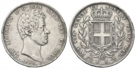 REGNO DI SARDEGNA
Carlo Alberto, 1831-1849.
5 Lire 1833 Genova.
Ag
Dr. Testa del sovrano rivolta a d.
Rv. Stemma sabaudo crociato sormontato da c...