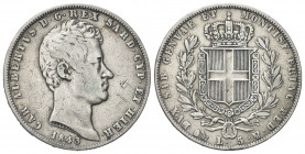 REGNO DI SARDEGNA
Carlo Alberto, 1831-1849.
5 Lire 1843 Genova.
Ag
Dr. Testa del sovrano rivolta a d.
Rv. Stemma sabaudo crociato sormontato da c...