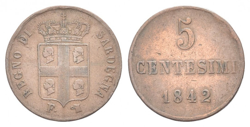 REGNO DI SARDEGNA
Carlo Alberto, 1831-1849.
5 Centesimi 1842 Torino.
Cu
Dr. ...