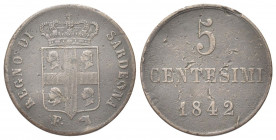 REGNO DI SARDEGNA
Carlo Alberto, 1831-1849.
5 Centesimi 1842 Torino.
Cu
Dr. Stemma della Sardegna sormontato da corona.
Rv. Valore e data entro t...