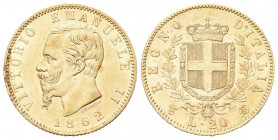 REGNO D’ITALIA
Vittorio Emanuele II, 1861-1878.
20 Lire 1862 Torino.
Au
Dr. Testa del sovrano rivolta a s.
Rv. Stemma sabaudo crociato sormontato...