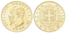 REGNO D’ITALIA
Vittorio Emanuele II, 1861-1878.
20 Lire 1864 Torino.
Au
Dr. Testa del sovrano rivolta a s.
Rv. Stemma sabaudo crociato sormontato...