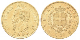 REGNO D’ITALIA
Vittorio Emanuele II, 1861-1878.
10 Lire 1863 Torino.
Au mm 18.8
Dr. Testa scoperta del sovrano rivolta a s. 
Rv. Stemma sabaudo c...