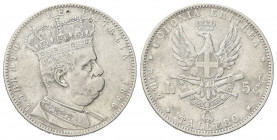 COLONIA ERITREA
Umberto I, 1890-1896.
5 Lire (Tallero) 1896 Roma.
Ag gr. 27,80
Dr. Semibusto del sovrano in uniforme, con testa coronata rivolta a...