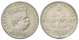 COLONIA ERITREA
Umberto I, 1890-1896.
2 Lire 1890 Roma.
Ag
Dr. Busto a d., in uniforme, con corona.
Rv. Su due righe, L 2 e valore espresso in am...