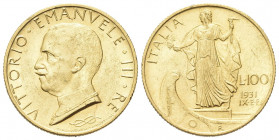 REGNO D’ITALIA
Vittorio Emanuele III, 1900-1943.
100 Lire 1931 a. IX E.F. Roma, Italia su prora.
Au
Dr. Testa del sorvrano con il collare, rivolta...