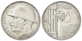 REGNO D’ITALIA
Vittorio Emanuele III, 1900-1943.
20 Lire 1928 a. VI Roma, Elmetto.
Ag
Dr. Semibusto del sovrano in uniforme, con testa coperta da ...