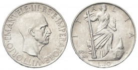 REGNO D’ITALIA
Vittorio Emanuele III, 1900-1943.
10 Lire 1936 a. XIV Roma, Impero.
Ag
Dr. Testa del sovrano rivolta a d.
Rv. Prora di nave fregia...