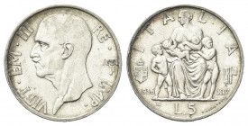 REGNO D’ITALIA
Vittorio Emanuele III, 1900-1943.
5 Lire 1936 a. XIV Roma, Fecondità.
Ag
Dr. Testa del sovrano rivolta a s.
Rv. Figura di donna at...