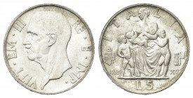 REGNO D’ITALIA
Vittorio Emanuele III, 1900-1943.
5 Lire 1937 a. XV Roma, Fecondità.
Ag
Dr. Testa del sovrano rivolta a s.
Rv. Figura di donna att...