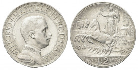 REGNO D’ITALIA
Vittorio Emanuele III, 1900-1943.
2 Lire 1912 Roma, Quadriga veloce.
Ag
Dr. Semibusto del sovrano in uniforme con il collare a test...