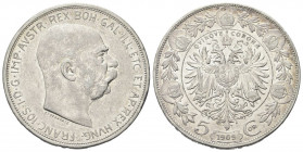 AUSTRIA
Francesco Giuseppe, 1848-1916.
5 Corona 1909.
Ag gr. 24,01
Dr. Testa nuda a d.
Rv. Aquila bicipite coronata ad ali spiegate con stemma au...