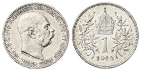 AUSTRIA
Francesco Giuseppe I d’Asburgo Lorena, 1848-1916.
Corona 1914.
Ag gr. 5
Dr. Testa nuda a d.
Rv. Aquila bicipite coronata ad ali spiegate....