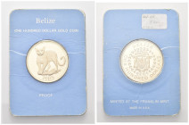 BELIZE
Elisabetta II, dal 1952.
100 Dollari 1985, Ocelot.
Au gr. 6,21
Dr. Gattopardo
Rv. Stemma nazionale tra due autoctoni.
KM# 76 
PROOF