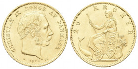 DANIMARCA
Cristiano IX, 1863-1906.
20 Kroner 1873.
Au gr. 8,94
Dr. Testa nuda a d.
Rv. Figura muliebre in trono.
KM#791; Fr. 295
Colpetto al ci...