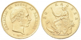 DANIMARCA
Cristiano IX, 1863-1906.
20 Kroner 1877.
Au gr. 8,93
Dr. Testa nuda a d.
Rv. Figura muliebre in trono.
KM#791; Fr. 295
q. FDC
