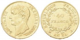 FRANCIA
Napoleone Bonaparte, primo Console, 1799-1804.
40 Franchi an. XI (1802/1803) A, zecca di Parigi.
Au gr. 12,80
Dr. Testa nuda a s.
Rv. Val...