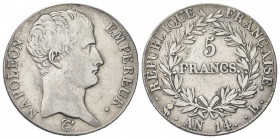 FRANCIA
Napoleone I Imperatore, 1804-1814 e 1815.
5 Franchi AN 14 (1805) L Bayonne.
Ag gr. 24,59
Dr. Testa nuda a d.
Rv. Valore entro rami di lau...