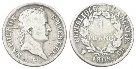 FRANCIA
Napoleone I Imperatore, 1804-1814 e 1815.
Franco 1808 BB, zecca di Strasbourg. 
Ag gr. 4,72
Dr. Testa laureata a d.
Rv. Valore entro coro...