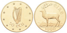 IRLANDA
Repubblica, dal 1937.
50 Ecu 1990.
Au gr. 14,95
Dr. Arpa Celtica.
Rv. Cervo rosso verso s.
KM#X 3.
FDC