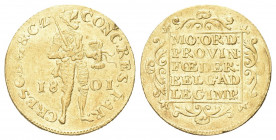 OLANDA
Batavian Republic, 1796-1805.
Ducato 1801, zecca di Harderwijk.
Au gr. 3,52
Dr. CONC RES PAR - CRES DG & CZ. Soldato in armatura verso d.; ...
