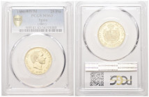SPAGNA
Alfonso XII, 1874-1885. 
25 Pesetas 1881/81.
Au
Dr. Testa a d.
Rv. Stemma coronato.
Fried. 342.
PCGS. q. FDC