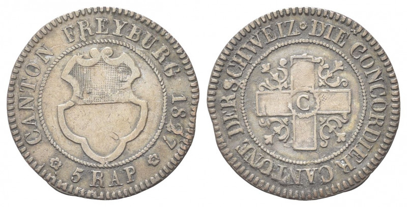 SVIZZERA
Cantone di Friburgo.
5 Rappen 1827.
Mi gr. 1,81
Dr. CANTON FREYBURG...