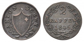 SVIZZERA
Cantone di Schwyz.
2 Rappen 1845.
Æ gr. 1,23
Dr. Stemma tra rami di lauro e di quercia.
Rv. Valore e data tra due rami di quercia.
KM#6...