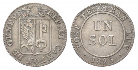 SVIZZERA
Cantone di Ginevra.
Sol 1825.
Mi gr. 0,96
Dr. REP ET CANTON DE GENEVE. Aquila coronata e chiave divise a metà da linea verticale.
Rv. PO...