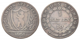 SVIZZERA
Cantone di Appenzell. 
Batzen 1808.
Mi gr. 2,57
Dr. CANTON APPENZELL. Stemma con orso rampante, tra ramo di palma e ulivo.
Rv. IEDEM DAS...