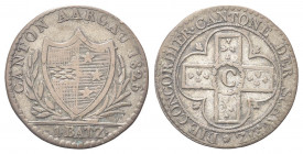 SVIZZERA
Cantone di Argovia.
Batzen 1826.
Mi gr. 2,66
Dr. CANTON AARGAU. Stemma con orso rampante, tra ramo di palma e ulivo.
Rv. DIE CONCORDIER ...