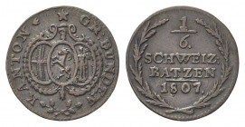 SVIZZERA
Cantone dei Grigioni Graubunden.
1/6 Batzen 1807.
Mi gr. 0,74
Dr. Tre scudi accostati; tra essi, rami di alloro.
Rv. Valore e data tra d...