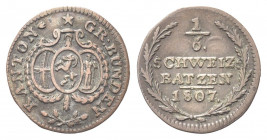SVIZZERA
Cantone dei Grigioni Graubunden.
1/6 Batzen 1807.
Mi gr. 0,68
Dr. Tre scudi accostati; tra essi, rami di alloro.
Rv. Valore e data tra d...