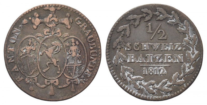 SVIZZERA
Cantone dei Grigioni
1/2 Batzen 1812.
Æ gr. 1,82
Dr. Tre scudi lega...