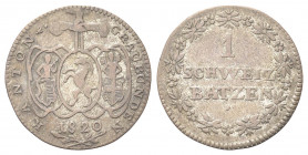 SVIZZERA
Cantone dei Grigioni
1 Batzen 1820.
Æ gr. 2,57
Dr. Tre scudi legati.
Rv. Valore e data tra due rami di quercia.
KM#11.
BB