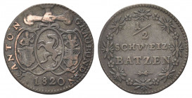 SVIZZERA
Cantone dei Grigioni
1/2 Batzen 1820
Mi gr. 1,82
Dr. Tre scudi legati da rami di alloro.
Rv. Valore e data tra due rami di quercia.
KM#...