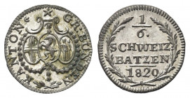 SVIZZERA
Cantone dei Grigioni Graubunden.
1/6 Batzen 1820.
Mi gr. 0,78
Dr. Tre scudi accostati; tra essi, rami di alloro.
Rv. Valore e data tra d...